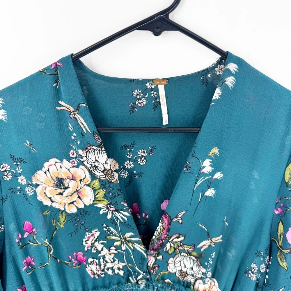 Free‎ People Teal Floral V-Neck Mini Dress OB1235281 Long Sleeve Boho XS - Picture 4 of 9